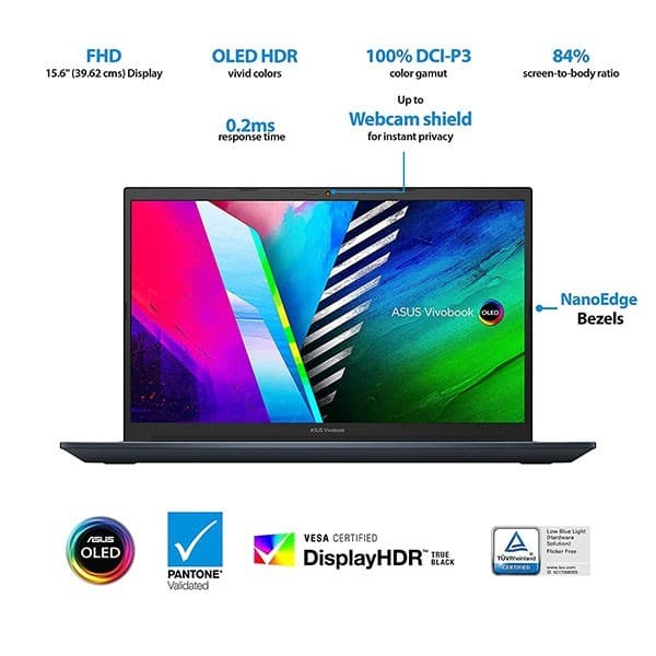 ASUS Vivobook Pro 15 OLED (2021), 15.6" (39.62 cms) FHD OLED, AMD Ryzen 7 5800H, 4GB NVIDIA GeForce RTX 3050 Graphics, Laptop (16GB/1TB SSD/Office 2019/Windows 10/Blue/1.65 Kg), M3500QC-L1262TS + Laptop Bag - 5