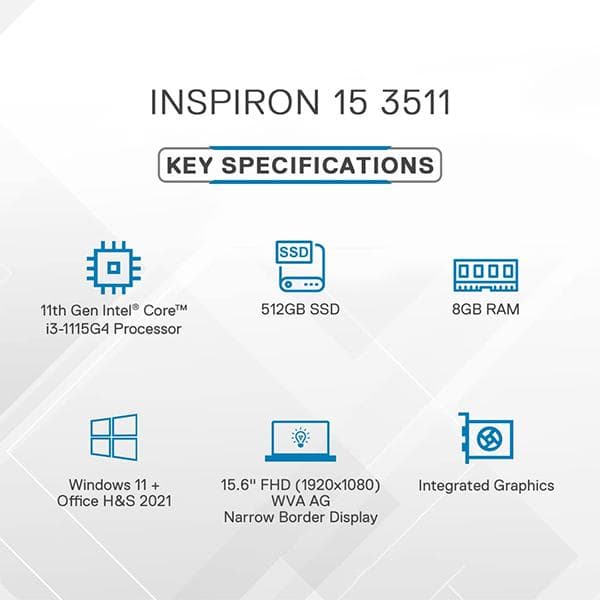 Dell 15 Inspiron 3511 (2021) 15.6 inches FHD Intel i5- 11th Gen 1135G7 Laptop (Windows 10 + MS Office 8GB - 512GB SSD Integrated Graphics Backlit KB, D560509WIN9S-Platinum Silver, 1.8Kg) + Laptop Bag - 4