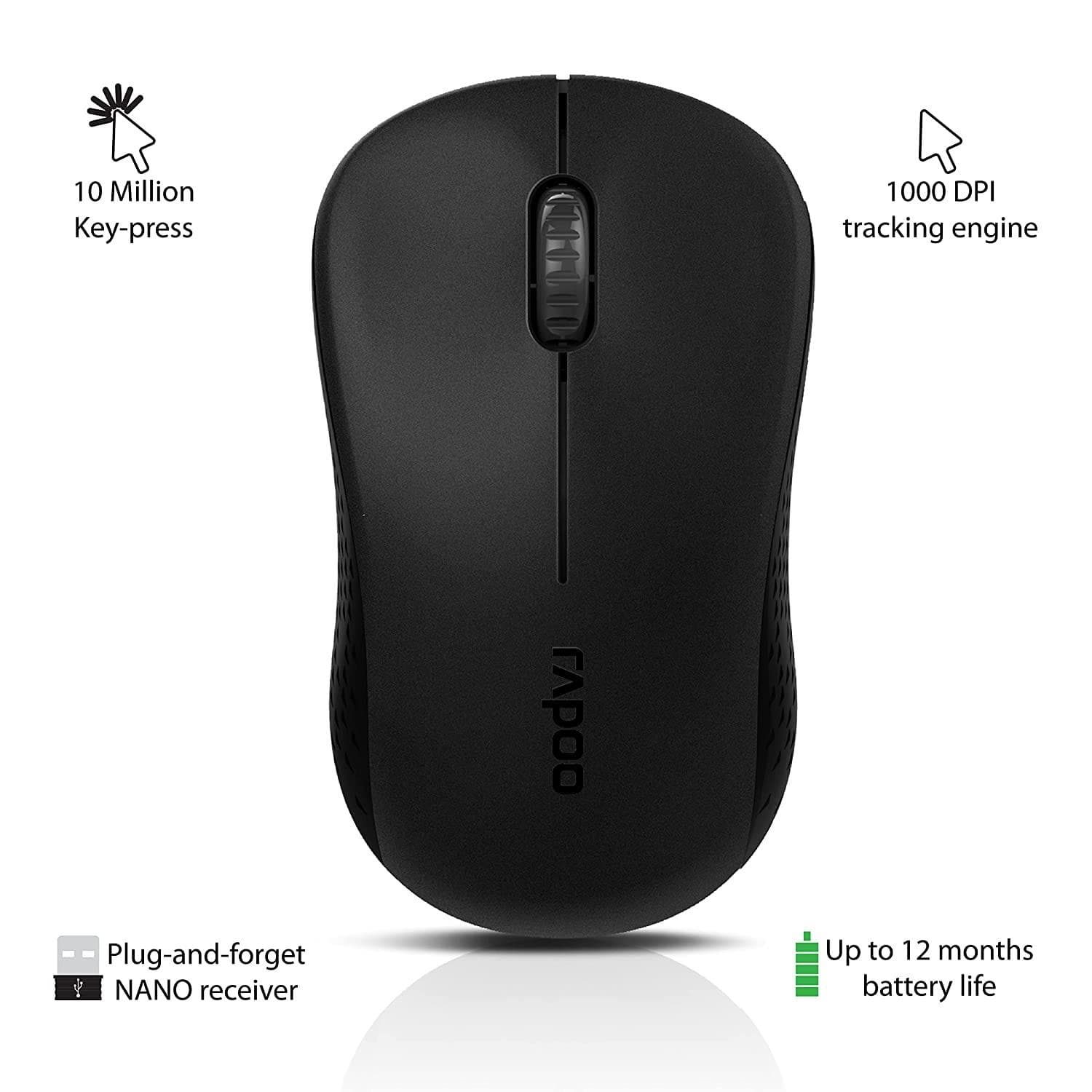 RAPOO M20 Wireless Mouse, 2.4 GHz with USB Nano Receiver, Optical Tracking, Ambidextrous, PC/Mac/Laptop - Black - 2