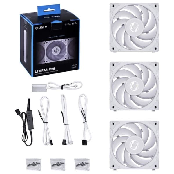 Lian Li Uni Fan P28 Fluid Dynamic Bearing 120mm Case Fan - White - 3 Pack - 3