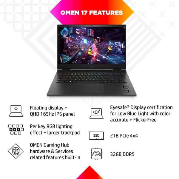 HP Omen 12th Gen Intel Core i9-12900HX 17.3 inch(43.9cm) QHD Gaming Laptop(32GB RAM/2TB SSD/RTX 3080Ti 16GB Graphics/165Hz/3ms Response Time/Win 11/MSO 2021/Backlit KB/B&O/Alexa/Xbox Pass)17-ck1023TX - 3
