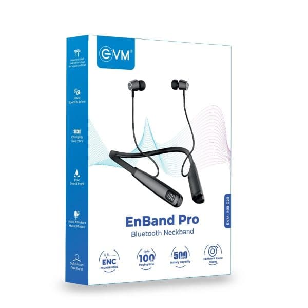 EVM EnBand Pro Bluetooth Neckband with Deep Bass, Up to 100 Hours Playing Time, 10mm Driver, IPX4 Sweat Proof (Black) - 2