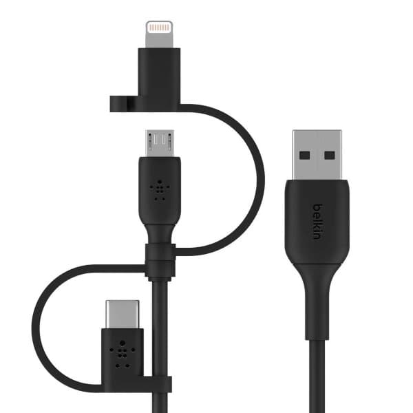 Belkin Universal Cable (3-in-1 USB-C, Lightning, Micro-USB Charging Cable) Charge Smartphones, Tablets, Power Banks and More 3.3ft/1m, Black - 1