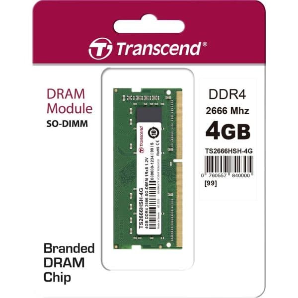 Transcend 4GB (1 X 4GB) DDR4 2666MHz SO-DIMM 1Rx8 512Mx8 CL19 1.2V Laptop RAM - 2