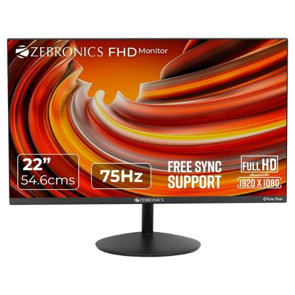 ZEBRONICS ZEB S 22A 22 inch 75Hz Monitor with FHD 1080p, Free sync Support, HDMI, VGA, 250 Nits max, 16.7M Colors, Built-in Speakers and Slim Bezel Less Design - 1