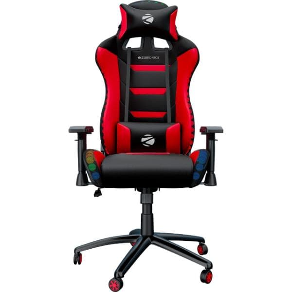 ZEBRONICS Zeb-Gc3000 Premium Gaming Chair with RGB Lights, 4D Armrest, 90-180 Degree Backrest, Neck & Lumbar Cushion, Adjustable Height, 360 Swivels & Casters, Large, Black Red - 1