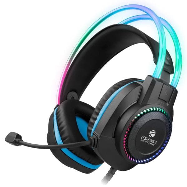 Zebronics Jet PRO Premium Wired Gaming On Ear Headphone with LED for Headband + earcups, 40mm Neodymium Drivers, 2 Meter Braided Cable, with mic, Suspension Design, 3.5mm + USB Connector (Black, Blue) - 1