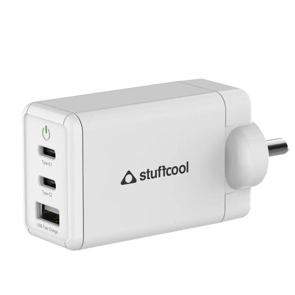 Stuffcool Nova 65W GaN Charger Made in India 3 Ports Supports Samsung PPS Super Fast Charging 2.0, Compatible with macbooks laptops iPhones iPads, samsungs, Pixels (White) - 1