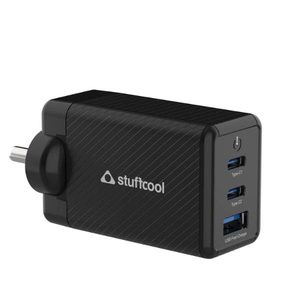 Stuffcool Nova 65W GaN Charger Made in India 3 Ports Supports Samsung PPS Super Fast Charging 2.0, Compatible with macbooks laptops iPhones iPads, samsungs, Pixels (Black) - 1