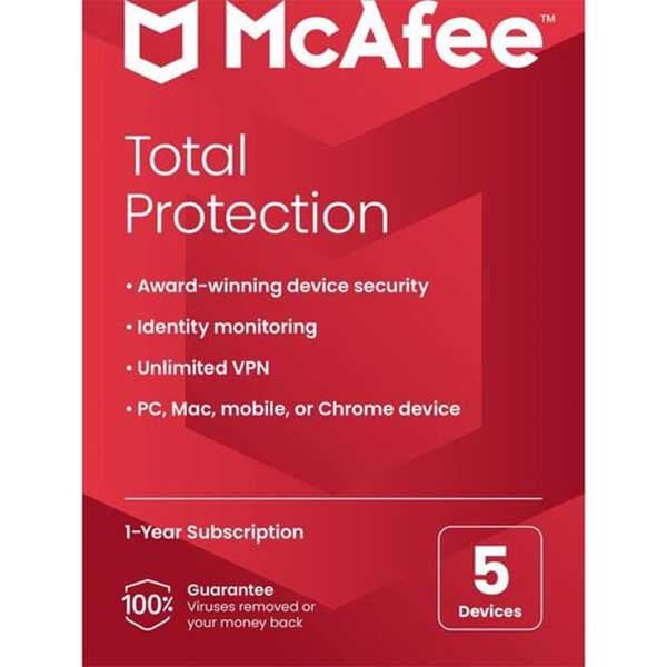 McAfee Total Protection 2024 | 5 Device, 1 Year | Antivirus Internet Security Software | Password Manager & Dark Web Monitoring Included | PC/Mac/Android/iOS | Email Delivery - 1