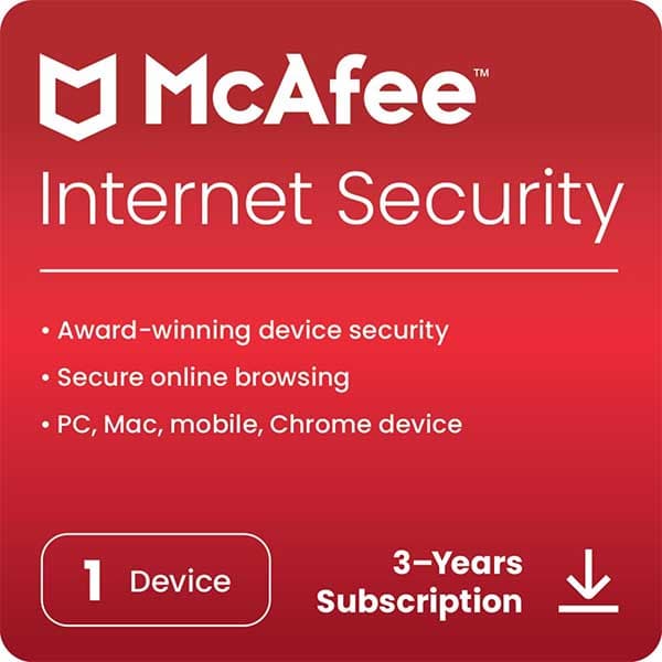 McAfee Internet Security (Windows / Mac / Android / iOS) - 1 User, 3 Years (Instant Delivery- No CD) - 1