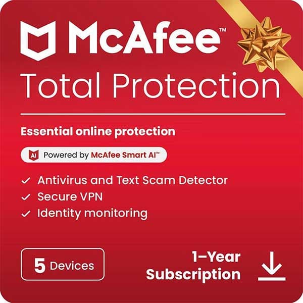 McAfee Total Protection 2024 | 5 Device, 1 Year | Antivirus Internet Security Software | Password Manager & Dark Web Monitoring Included | PC/Mac/Android/iOS | Email Delivery - 2