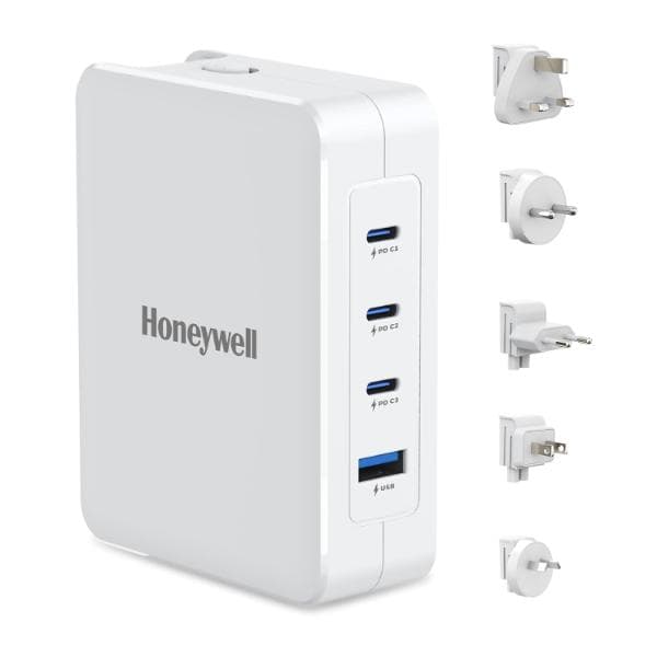 Honeywell Zest Charger GaN 100W,Ultra-Fast Wall Charger with PPS Support,3xType C PD 3.0 Ports & 1xUSB A Port,BIS Certified,Equipped with Switchable Plugs,Compatible with iPhone,Galaxy,Laptops - 1