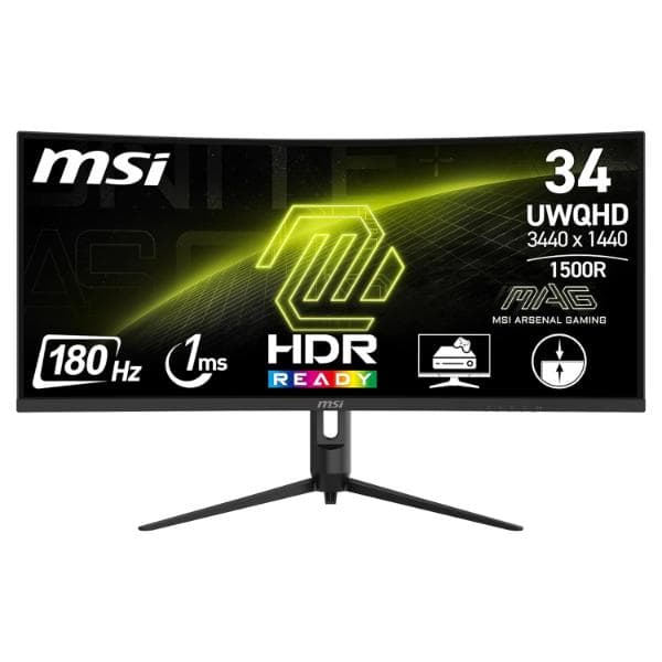 MSI MAG 342CQR E2 34 Inch 2K UWQHD Curved Gaming Monitor - 1500R 3440 x 1440 Resolution, 180 Hz / 1ms (MPRT), Adaptive Sync - DP 1.4a, HDMI 2.0b CEC, 95% DCI-P3, AI Vision, HDR Ready - 1
