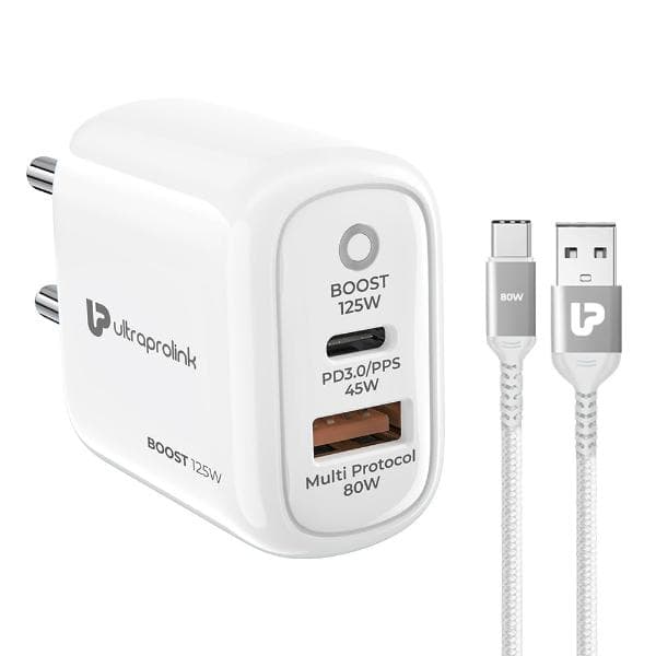 UltraProlink Boost 125W Dual USB Multi-Protocol Fast Travel Charger with A-C 1m Cable UM1134A
