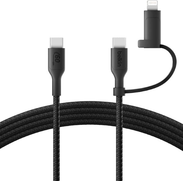 Belkin BoostCharge 2-in-1 USB-C Charging Cable w/USB-C & Lightning Connector - Braided Fast-Charging Cable, Multi-Charging Combo Cord for Apple iPhone, iPad, Samsung, MacBook, & More - Black