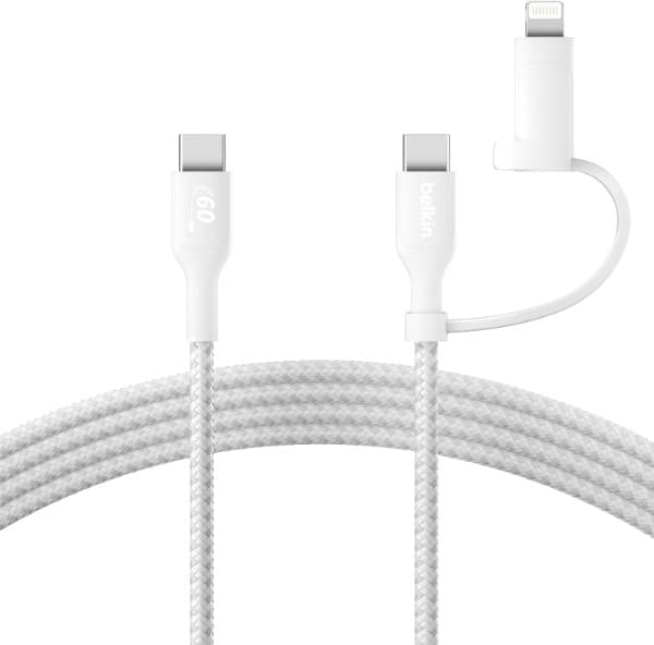 Belkin BoostCharge 2-in-1 USB-C Charging Cable w/USB-C & Lightning Connector - Braided Fast-Charging Cable, Multi-Charging Combo Cord for Apple iPhone, iPad, Samsung, MacBook, & More - White