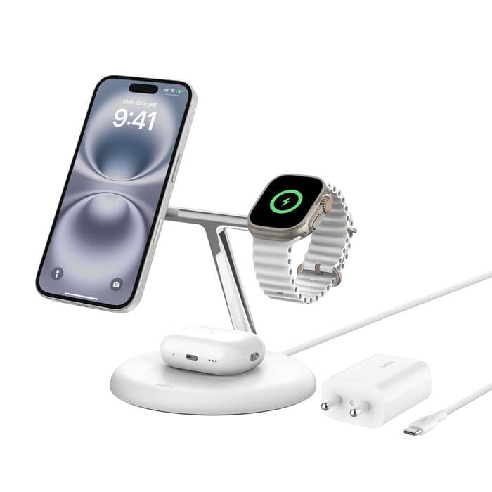 Belkin MagSafe 3-in-1 Qi2 Wireless Charger Stand 15W | Fast Charging iPhone Charger for iPhone 16, 15, 14 & 13 Series, AirPods, & Apple Watch | 36W Charger Included | White