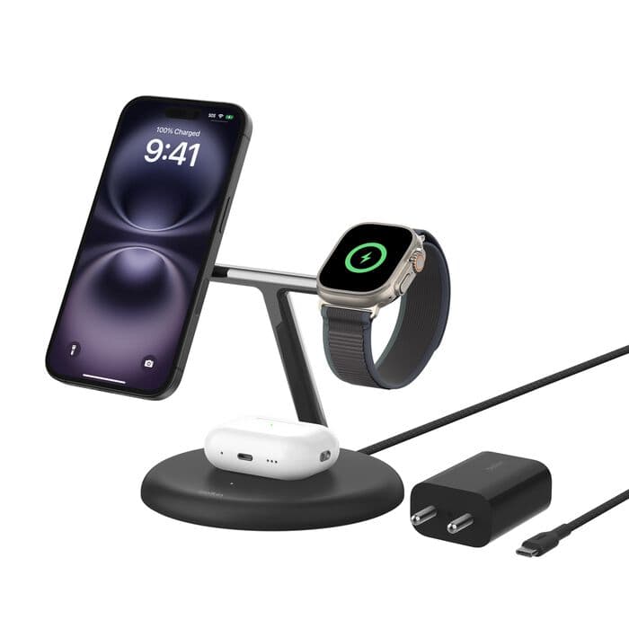 Belkin MagSafe 3-in-1 Qi2 Wireless Charger Stand 15W | Fast Charging iPhone Charger for iPhone 16, 15, 14 & 13 Series, AirPods, & Apple Watch | 36W Charger Included | Black - 1