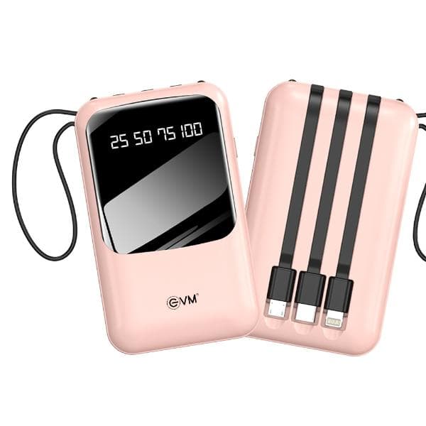 EVM EnCase Mini 10000mAh Power Bank with 4 Built-in Charging Cables - Lightning, Type C, Micro USB & USB - Fast Charging with 12W Output, for All Smartphones (2 Year Warranty), Pink (EVM P0307) - 1