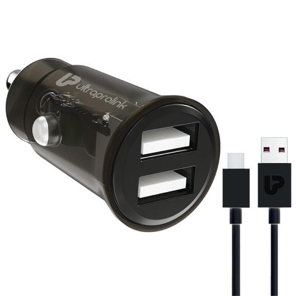 UltraProlink 12W-2.4A Fast Car Charger with Dual USB Ports|Made in India|with USB A-Type C Cable 1m|Mach12|UM1197C (Black)