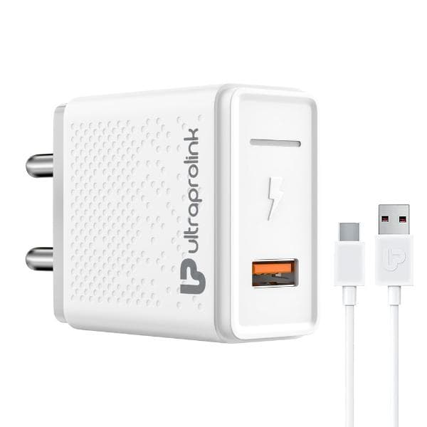 UltraProlink 18W Fast Mobile Charger| | USB Fast Charging | for Redmi, Realme, Galaxy & Xiaomi with 1m Type C Cable | White | Boost QC | UM1110QC-C