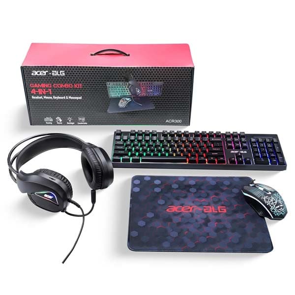 Acer 4 in 1 Wired Gaming Combo, 7 Color LED Backlit Keyboard, RGB Mouse (1200/1600/2400 DPI), Premium Gaming Headset (50mm Driver, 120dB) with Mixed Light Effect, Fabric Weave Mousepad (Black)