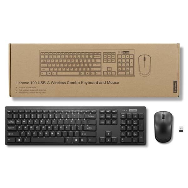 Lenovo 100 Wireless Keyboard and Mouse Set, Ambidextrous 1000 DPI Mouse Optical Sensor, upto 3M clicks, Ultra slim water resistant keyboard, 2.4 GHz Wireless Nano USB, upto 1yr battery life GX30L66303 - 3