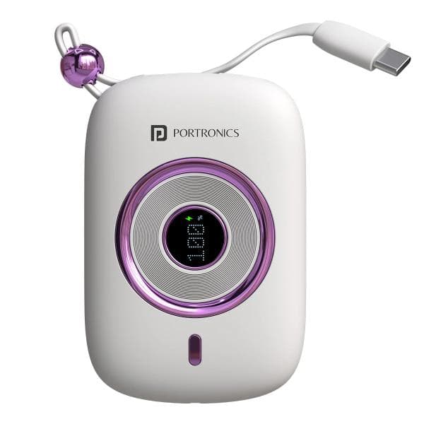 Portronics Power Shutter Pro 35W 10000mAh Super Fast Charging Powerbank with in-Built Type C PD Cable, Type C Input/Output Cable, LED Display, EV Grade Batteries, Support with Android, Apple,Tablet (White) - 1