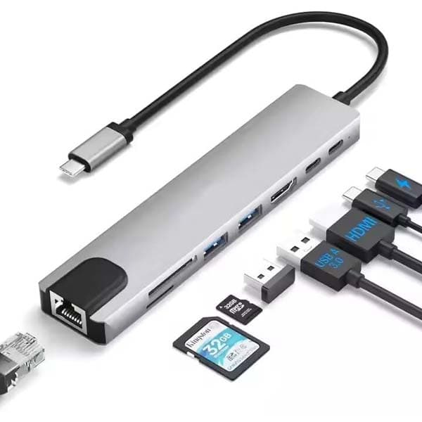 HAMMOK Smash Type C to 8 in 1 USB Hub with 4K 30HZ / HDTV HDMI/USB 3.0/2.0/ PD 100W Charging/Data Transfer/SD/TF / RJ45 Converter Hub for MacBook Laptop Computer Support M1 - 1