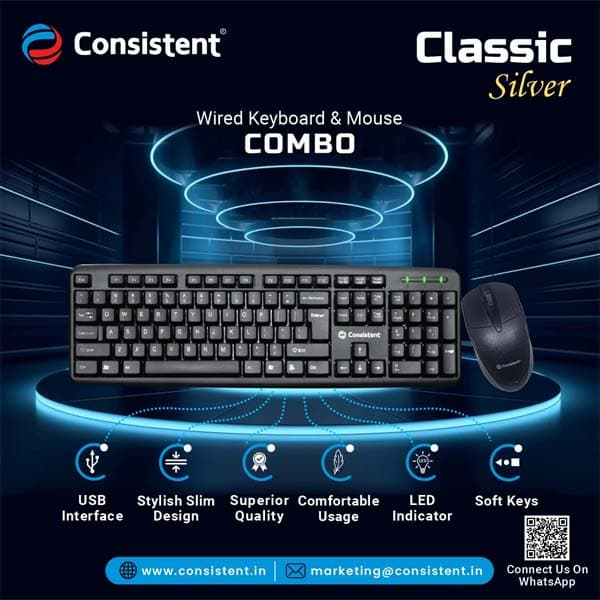 Consistent Classic Silver Wired Keyboard & Mouse (SK101) for Windows, USB Plug-and-Play, Full-Size, Spill-Resistant, Curved Space Bar (Black) - 1