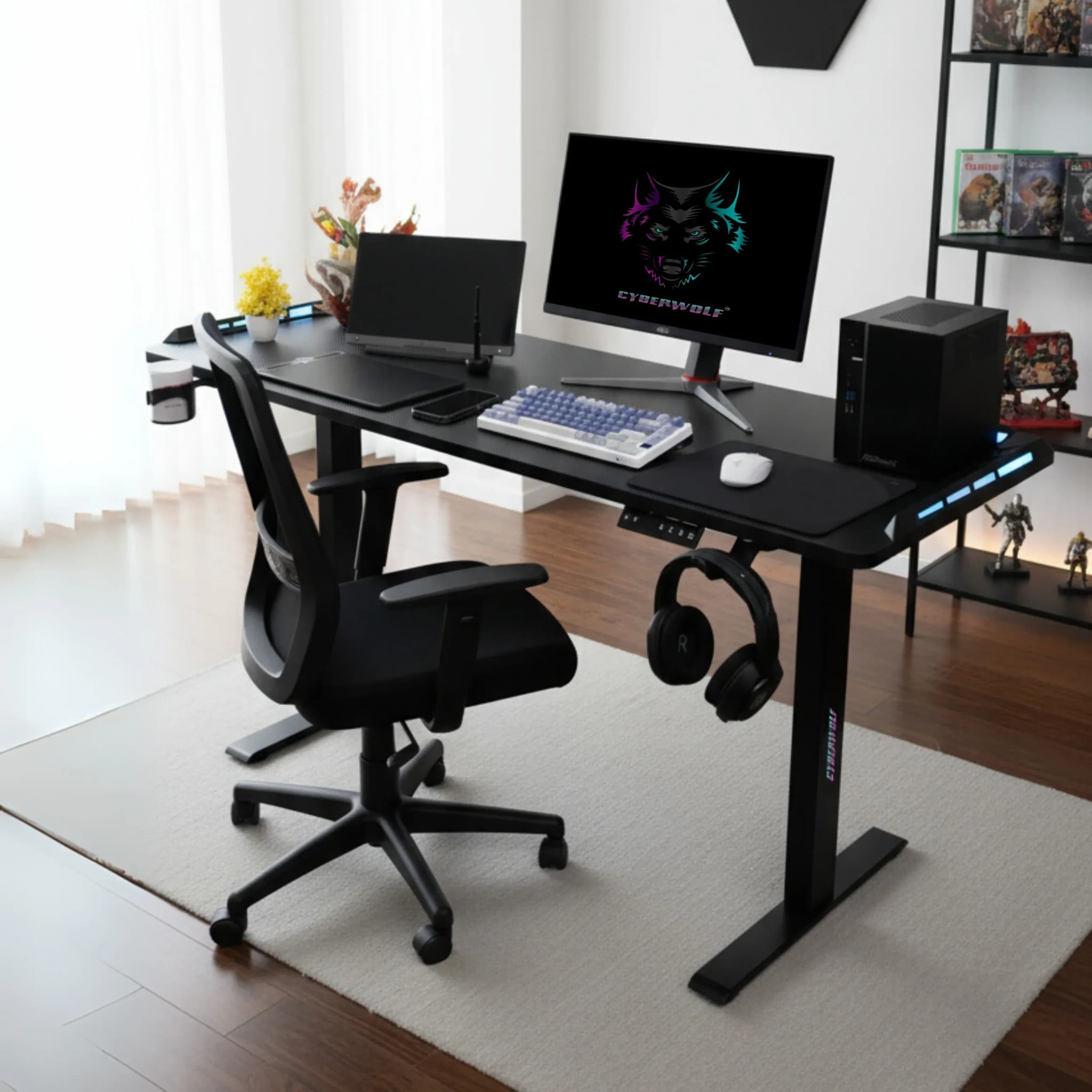 Cyberwolf Hydraulic RGB Gaming Table Regular (1100mm x 600mm) Black - 1