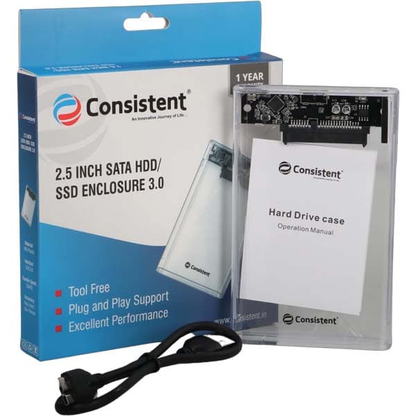 Consistent 2.5ich SATA HDD/ SSD Enclosure 3.0 Transparent Enclosure, Portable External Hard Disk Enclosure 7 MM and 9.5 MM Tool Free , Supports. - 1