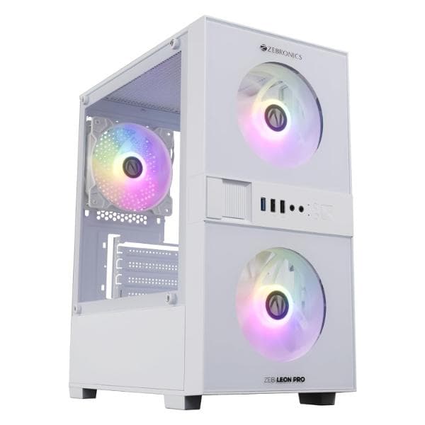 ZEBRONICS Leon PRO Premium Gaming Cabinet/Case, Mini-Tower, Supports mATX | ITX, 3 Pre-Installed RGB Fans, Side Tempered Glass, USB 3.0, Magnetic Dust Filter (White) - 1