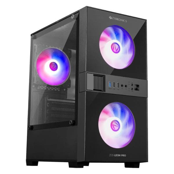 ZEBRONICS Leon PRO Premium Gaming Cabinet/Case, Mini-Tower, Supports mATX | ITX, 3 Pre-Installed RGB Fans, Side Tempered Glass, USB 3.0, Magnetic Dust Filter (Black) - 1