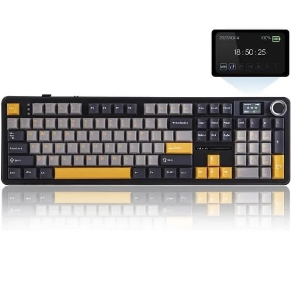 AULA F108PRO Tri-Mode Full Size Wireless Mechanical Gaming Keyboard with Screen & Knob | Grey + Yellow, Reaper Switch (F108ProGrYR)