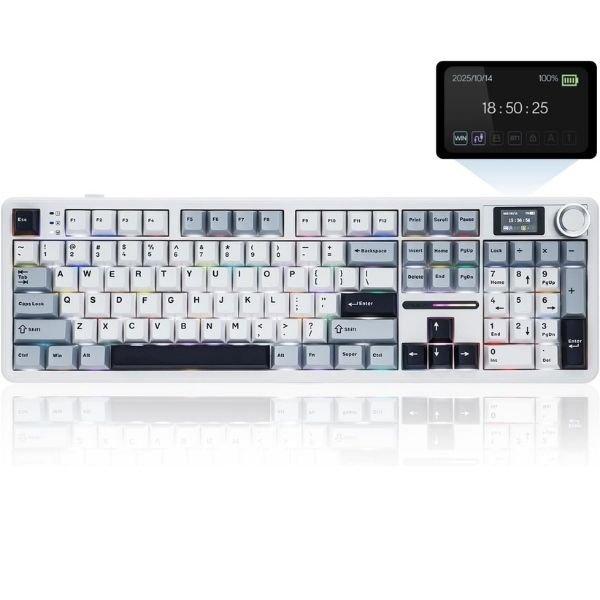 AULA F108PRO Tri-Mode Full Size Wireless Mechanical Gaming Keyboard with Screen & Knob (Ice Blue, Reaper Switch)