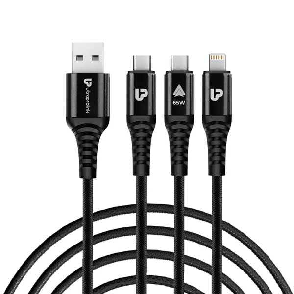 ULTRAPROLINK 3-in-1 Fast USB-A to Dual Type-C + iPhone Connector Charging Cable 65W (UL1236BLK-0150)