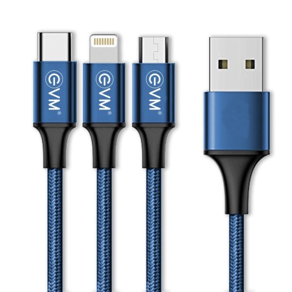 Evm 3 In 1 Charging Cable (Metal Head Nylon Braided Cable), Blue