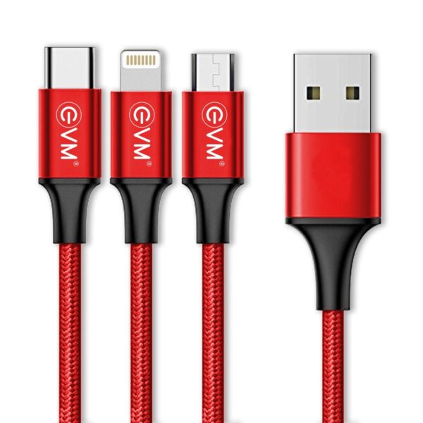 Evm 3 In 1 Charging Cable (Metal Head Nylon Braided Cable), Red