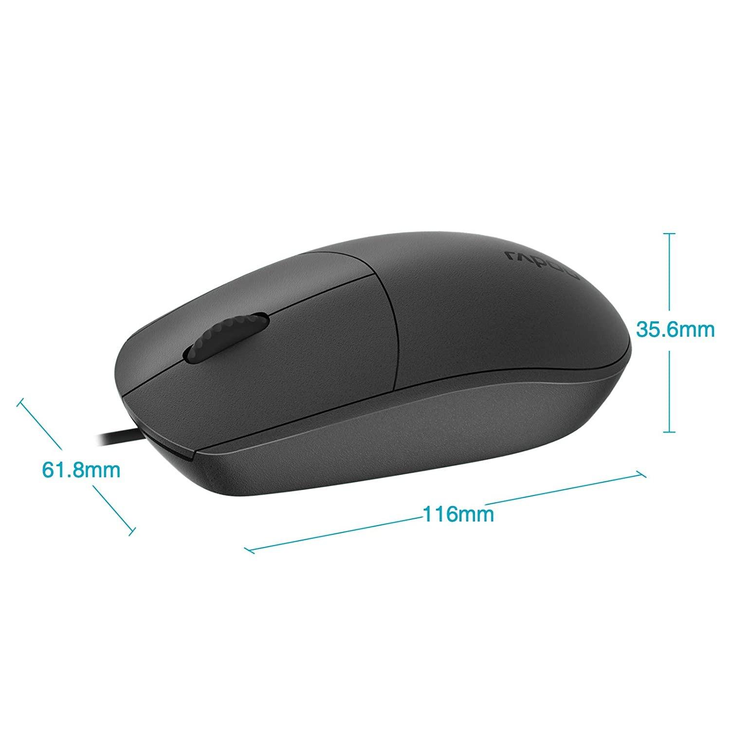 RAPOO N100 Wired USB Mouse 1600 DPI Optical Tracking, Ambidextrous PC/Mac/Laptop (Black)