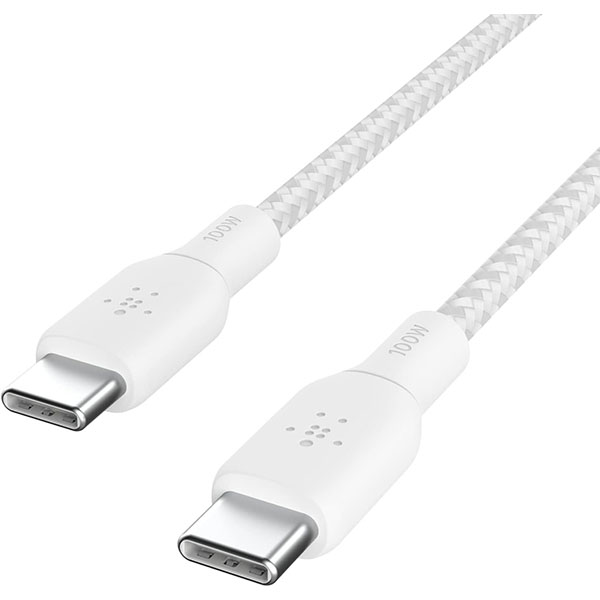 Belkin USB-C to USB-C Braided 6.6 feet (2 meters) 100W PD, Fast Charge and Sync Type C Cable for iPhone 15 Series, Macbook, USB-C Laptops, other USB-C Devices, USB-IF certified – White