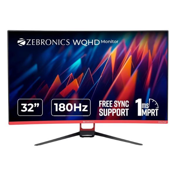 ZEBRONICS ZEB S 32A, 1800R Curved Gaming Monitor, 32 inch (80cm), 280 nits, 180Hz, WQHD, 2560x1440, FreeSync, 1ms MPRT, HDMI, DP, HDR10, Bezel Less, Built-in Speakers, Wall Mountable