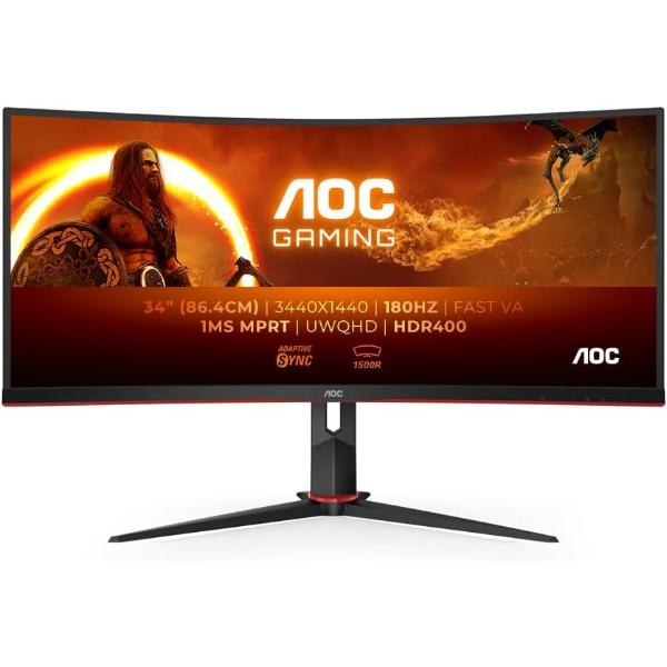 AOC CU34G2XP/BK 34 Inch Gaming Monitor Ultra QHD, 1440p, 180Hz, 1.0ms GTG, HDR 400, Ergonomic, Wide Angle 178° Curved, Height Adjustable, VESA Certified Display Ideal for Multitasking Monitor for PC