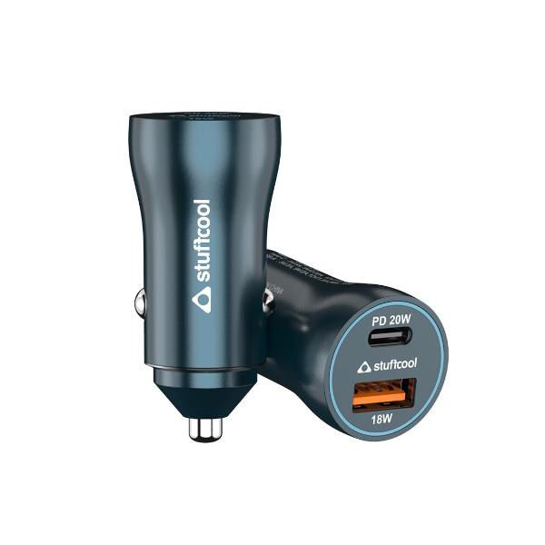 Stuffcool Ultimus 38W Dual Port Type C 20W + 18W QC3.0 USB A car Charger Supports Fast Charging Charges iPhone 50% in 30 mins, Compact Shape, Aluminium Body