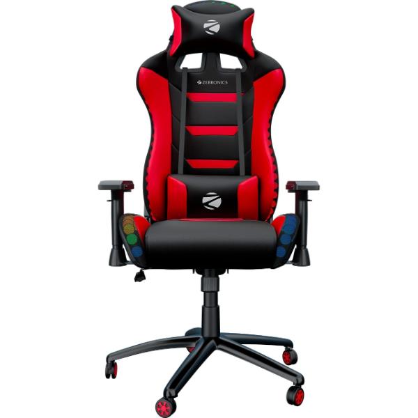 ZEBRONICS Zeb-Gc3000 Premium Gaming Chair with RGB Lights, 4D Armrest, 90-180 Degree Backrest, Neck & Lumbar Cushion, Adjustable Height, 360 Swivels & Casters, Large, Black Red
