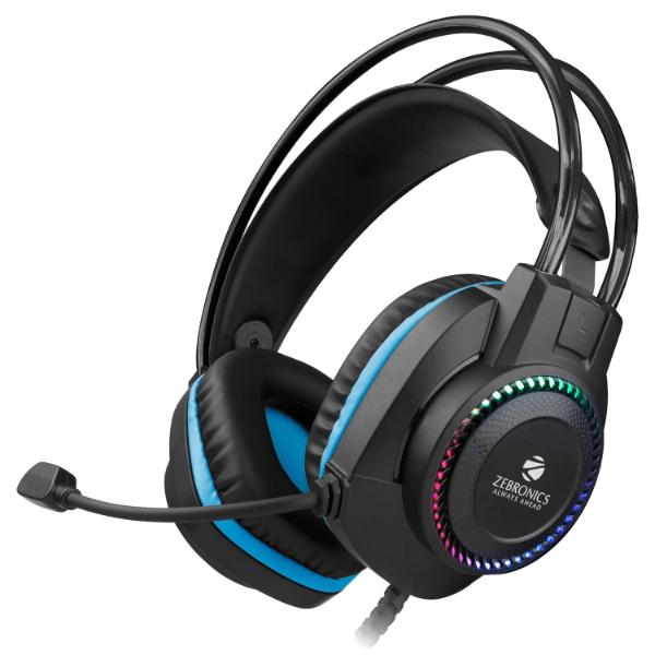 Zebronics Jet Premium Wired Gaming On Ear Headphone with LED Light for earcups, 40mm Neodymium Drivers, 2 Meter Braided Cable, Flexible mic, Suspension Headband, 3.5mm + USB Connector (Black + Blue)