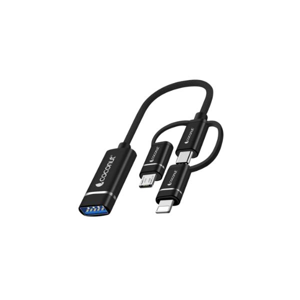 Coconut OT04 USB3.0 to Lightning + MicroUSB + Type C, OTG Adapter , Aluminium Body (Black)