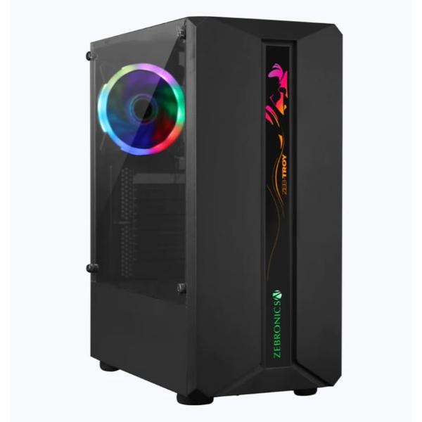 ZEBRONICS Troy Mid-Tower Premium Gaming Cabinet ATX/MicroATX/Mini ITX,1x 120mm Rear Fan, Halo Glow Ring RGB Fans,RGB LED Modes,Tempered Glass Side Panel, USB 3.0,Magnetic Dust Filter