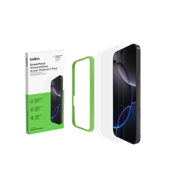 Belkin iPhone 16 Pro Max Tempered Glass Full Screen Protector with Easy Align Tray, 2 Pack